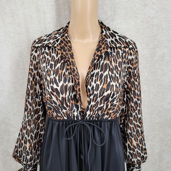 Vanity Fair Vtg 60s Leopard Black Button Front Nightgown Robe Dress Size Small - Picture 4 of 16